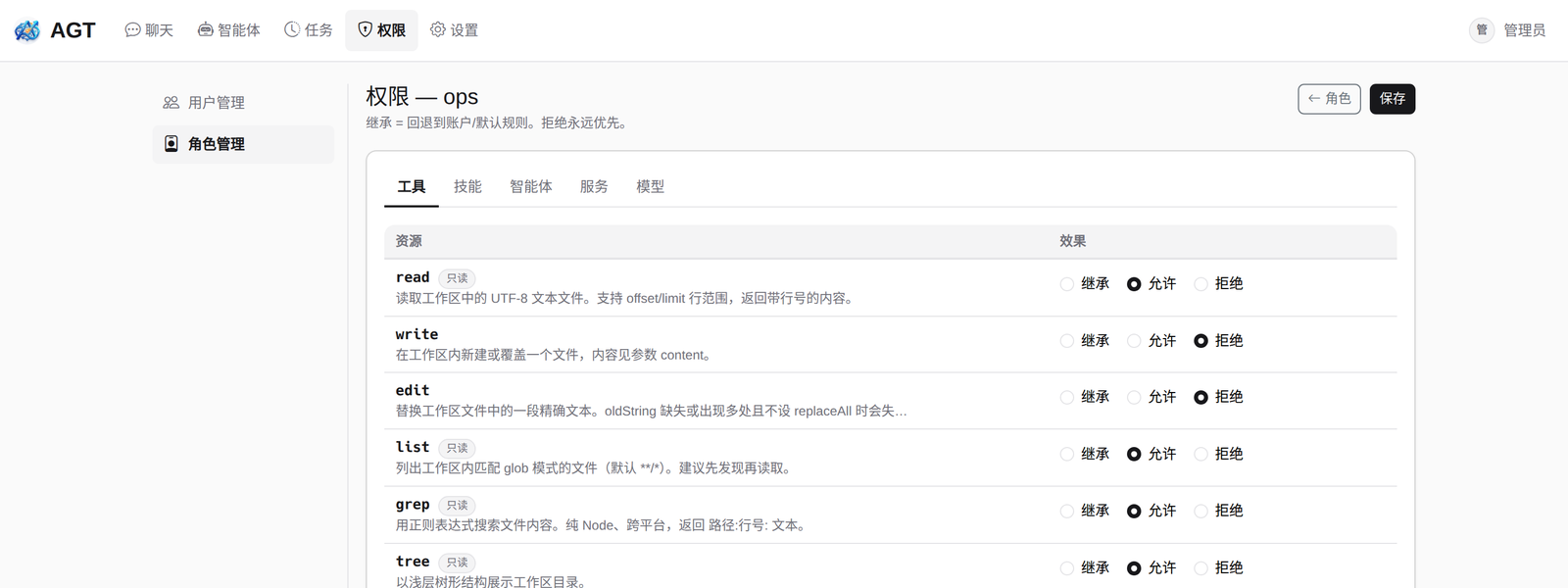 AGT 控制台 · 权限 · 资源级 allow / deny